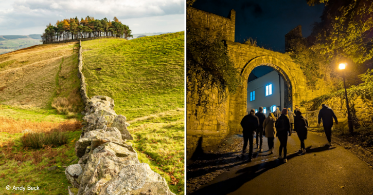 View of Kirkcarrion in the Durham Dales and people on a ghost walk in Durham City.